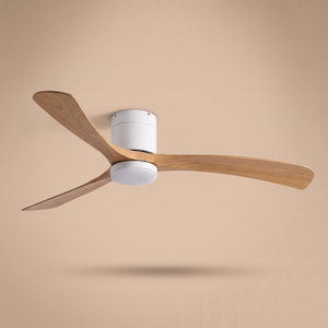 Marlo low profile ceiling fan in white and timber, studio product shot