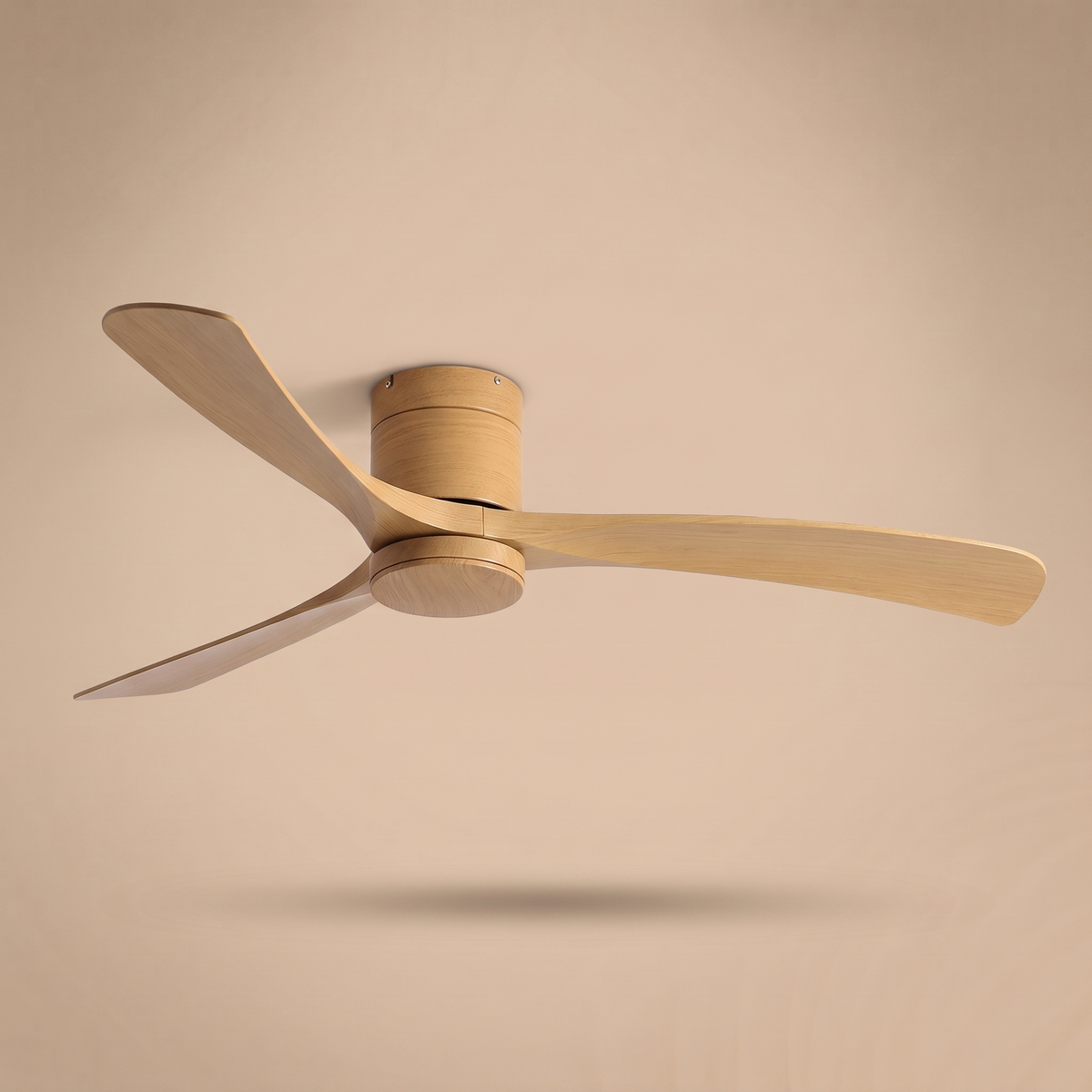 Marlo low profile ceiling fan in natural timber, studio product shot