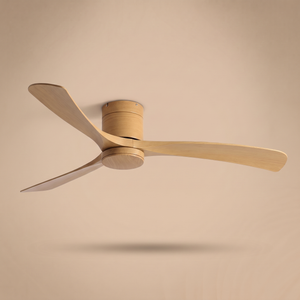 Marlo low profile ceiling fan in natural timber, studio product shot