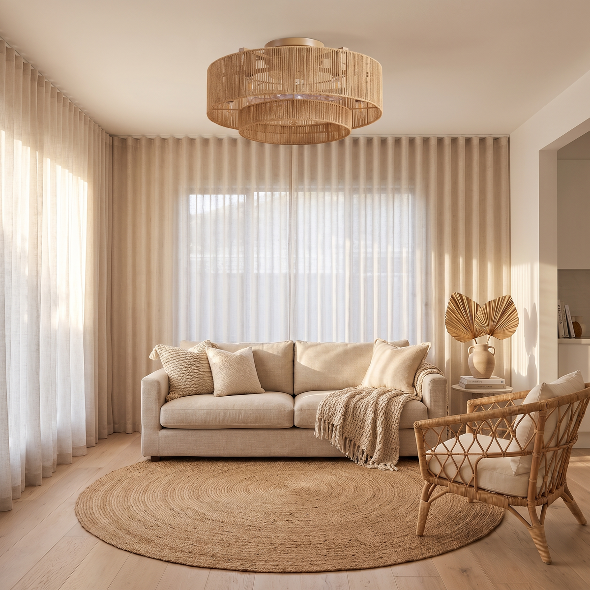Reef braided rope ceiling fan installed in a living room
