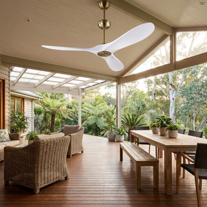 VistaWood warm gold ceiling fan on a covered terrace