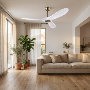 VistaWood warm gold ceiling fan in a living room