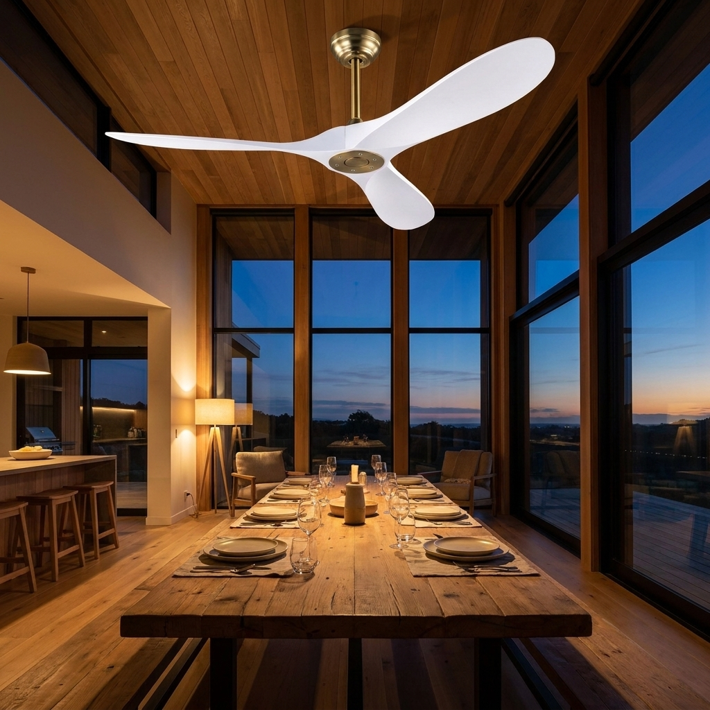 VistaWood warm gold ceiling fan at night