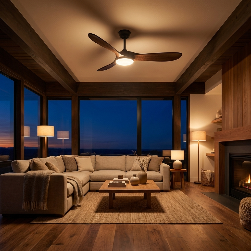 Lorne ceiling fan with the LED lit in the evening